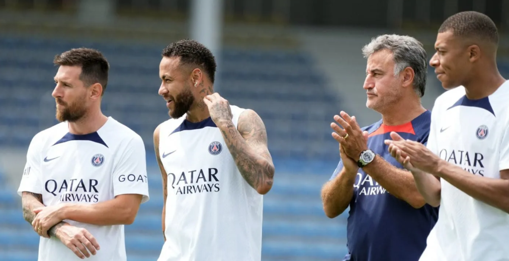 Messi, Neymar y Mbappe junto al entrenador Galtier.